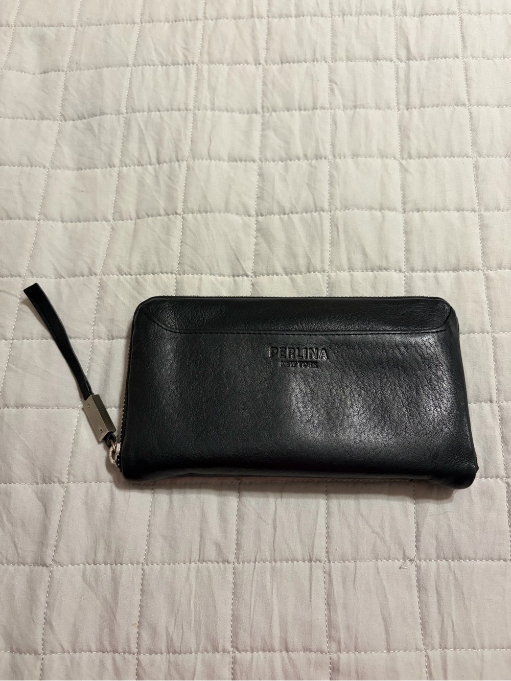 Perlina Black Leather Logo Clutch Zip Around Wallet